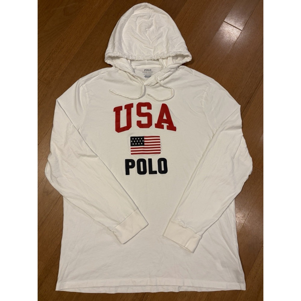 Polo Ralph Lauren Hoodie XL White USA 4th Of July Pullover Lightweight Shirt EUC